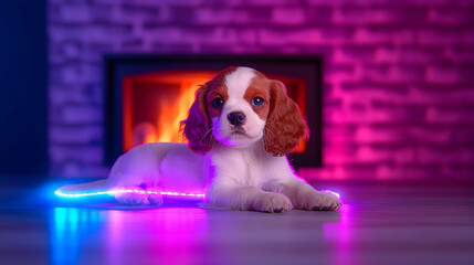 Adorable Cavalier King Charles Spaniel Puppy by Fireplace with Neon Lights