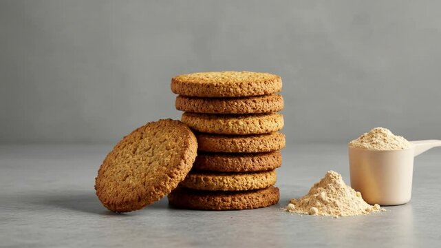 A stack of cookies with one leaning and a scoop of powder on a gray surface against a gray background
