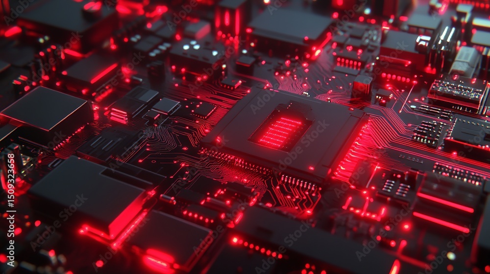 Poster abstract red circuit board technology background digital art futuristic high tech electronic design 