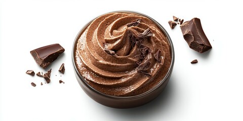 Decadent chocolate mousse with chocolate shavings and pieces on a bright background