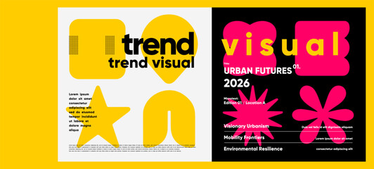 Bold trend visual poster with geometric icons, strong typographic contrasts, and vibrant hot pink elements creating a forward-looking aesthetic.