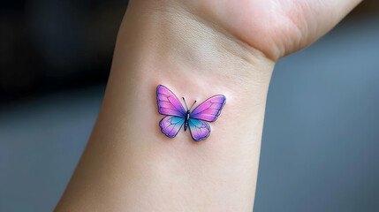 Small Pink and Purple Butterfly Tattoo on a Woman's Wrist