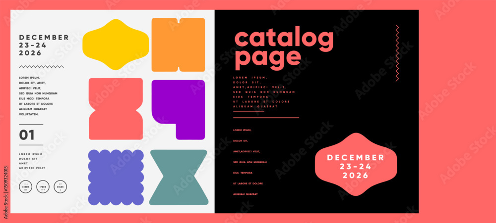 Aufkleber bright catalog design with bold shapes and contrasting layout, combining simple geometric forms and 