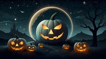 Elegant Halloween scene with a white pumpkin carved with celestial symbols, glowing gently under a starlit sky, Art Nouveau style illustration.