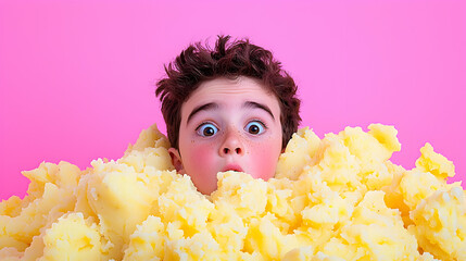 Surprised Boy Emerging from a Mound of Mashed Potatoes Against Pink Background