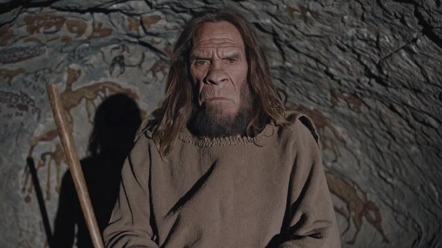 Homme pr&eacute;historique assis dans une grotte orn&eacute;e de peintures rupestres

