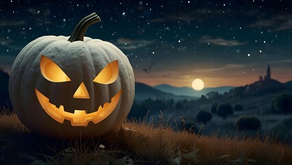 Elegant Halloween scene with a white pumpkin carved with celestial symbols, glowing gently under a starlit sky, Art Nouveau style illustration.