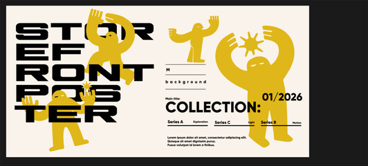 Typographic storefront poster with playful yellow humanoid illustrations and geometric black lettering, creating a bold and expressive visual identity.