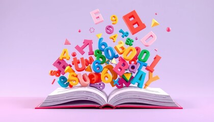 Colorful Letters and Numbers Exploding from an Open Book in 3D Render
