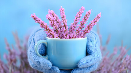 Pastel Purple Flowers in a Blue Mug Held by Hands in Knitted Gloves