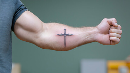 Closeup of a Man's Muscular Arm with a Small Cross Tattoo