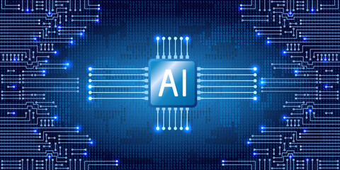 Electronics circuit with binary code. Futuristic digital design, world of artificial intelligence and digital technology for banners, tech backgrounds and innovative branding.