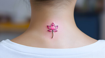Delicate Pink Lotus Tattoo on Woman's Neck
