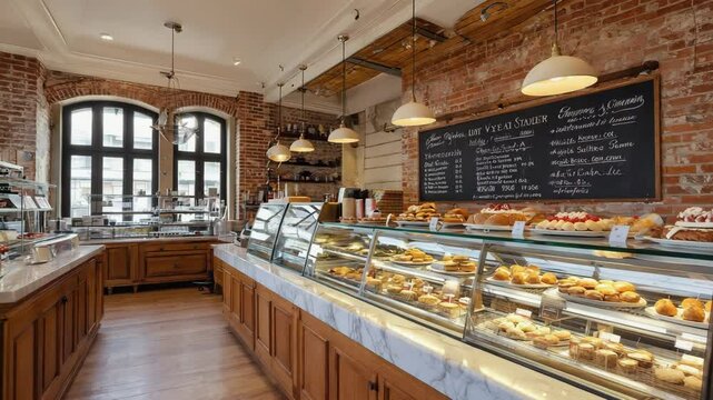 Interior View of a Traditional Bakery and Pastry Shop with Display Cases and Chalkboard Menu