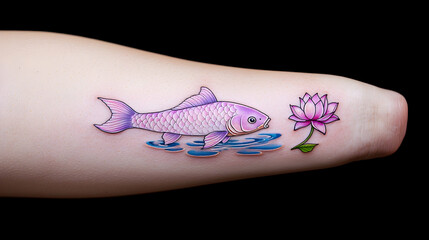 Purple Fish and Lotus Flower Tattoo on Arm