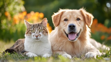 A cheerful golden retriever and a calm tabby cat are lying side by side on a grassy area. They enjoy a sunny day in a vibrant garden filled with colorful flowering plants