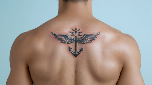 Man with Anchor and Wings Tattoo on Back