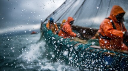 A group of fishermen in orange rain gear labors to cast nets from a boat surrounded by choppy water. Rain droplets create a misty atmosphere during their early morning catch