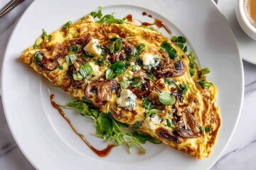 Pilz Omelett Champignon Omelett Ei Gericht Frühstück mit Pilzen Omelett mit Kräutern Eiergericht gesundes Frühstück Proteinreiches Essen Brunch Idee Omelett Teller vegetarisch Food Nahaufnahme