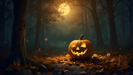 A carved Halloween pumpkin glowing softly in a misty moonlit forest, surrounded by fallen golden leaves, in a painterly, storybook style.