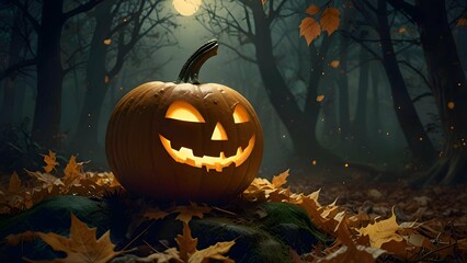 A carved Halloween pumpkin glowing softly in a misty moonlit forest, surrounded by fallen golden leaves, in a painterly, storybook style.