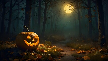 A carved Halloween pumpkin glowing softly in a misty moonlit forest, surrounded by fallen golden leaves, in a painterly, storybook style.
