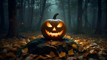 A carved Halloween pumpkin glowing softly in a misty moonlit forest, surrounded by fallen golden leaves, in a painterly, storybook style.