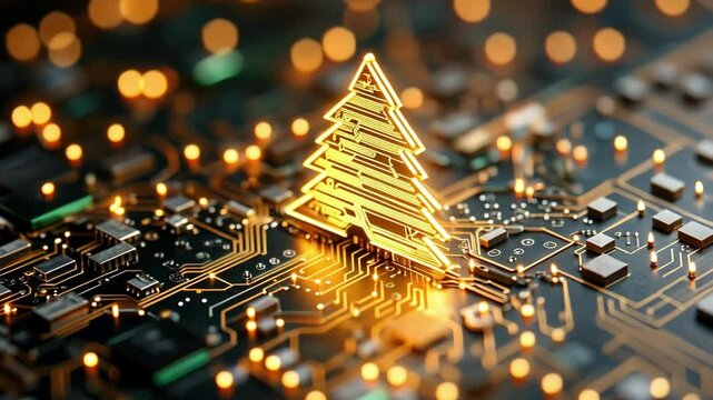 Futuristic holiday scene: glowing circuitry christmas tree in tech landscape. Merry Christmas. Happy New Year