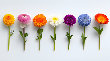 Obraz premium Colorful Flower Row on White Background