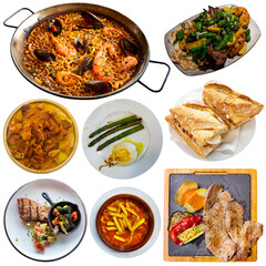 Set of various tasty dishes of Spanish cuisine isolated on white background