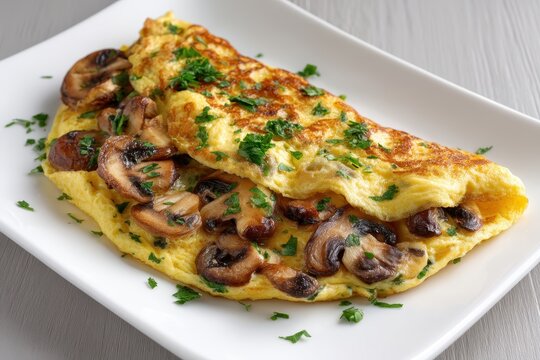 Pilz Omelett Champignon Omelett Ei Gericht Fr&uuml;hst&uuml;ck mit Pilzen Omelett mit Kr&auml;utern Eiergericht gesundes Fr&uuml;hst&uuml;ck Proteinreiches Essen Brunch Idee Omelett Teller vegetarisch Food Nahaufnahme
