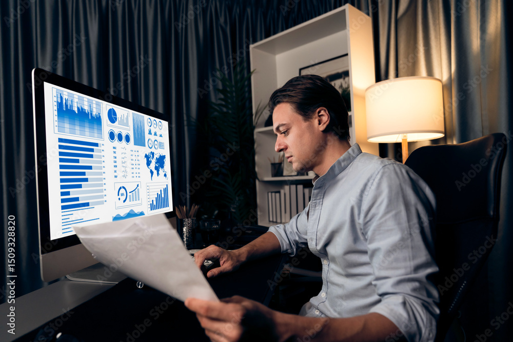 Poster smart businessman analyzing business paragraph dynamic database marketing analysis plan surrounded p