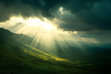 Divine guidance and illumination, rays of light illuminating a mountain in a valley.