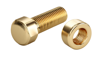 Golden bolt and nut isolated on transparent background, a shiny metallic hardware fastener