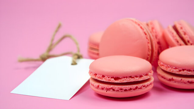 Close up of pink macarons with blank tag on pink background - Powered by Adobe