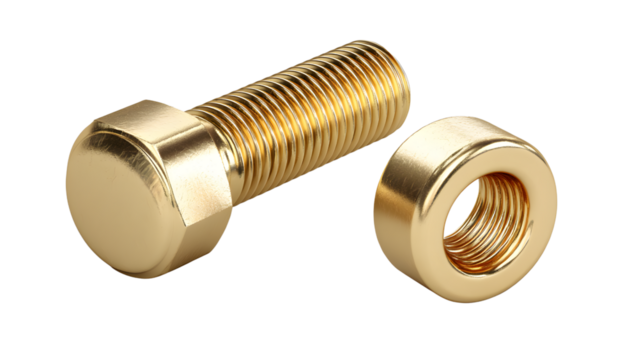 Golden bolt and nut isolated on transparent background, a shiny metallic hardware fastener