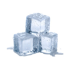 Three ice cubes stacked with water droplets isolated on transparent background