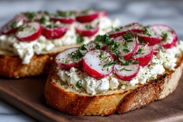 Radieschenbrot Frischkäsebrot Quarkbrot mit Kräutern Brot mit Radieschen Aufstrich Radieschenbelag Frischkäse Toast gesundes Frühstück vegetarischer Snack Kräuterbrot Food Nahaufnahme Brotscheiben