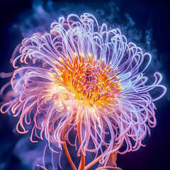 Fototapeta premium Delicate flower with intricate petals glowing softly in a darkened background, creating an ethereal atmosphere showcasing natural beauty and elegance