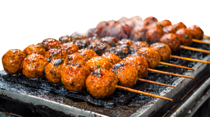 A plate of meatballs on a grill with a lot of smoke coming off of them