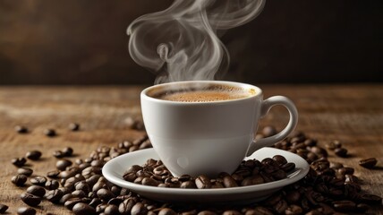 Coffee cup with roasted beans, a hot breakfast beverage