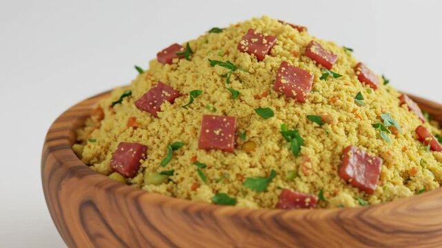 A beautifully presented serving of cuscuz paulista, a traditional Brazilian couscous dish.