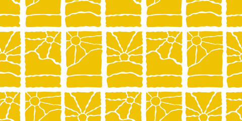 Groovy Sun Seamless Pattern Set. Vector Wavy Geometric Sunshine in 60s, 70s. Retro Abstract Background in Freehand Hippie Style for design, wrapping paper and fabric printing