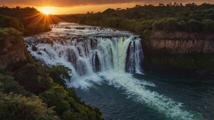 Obraz premium Beautiful autumn waterfall cascades through a natural forest landscape with flowing water and green trees