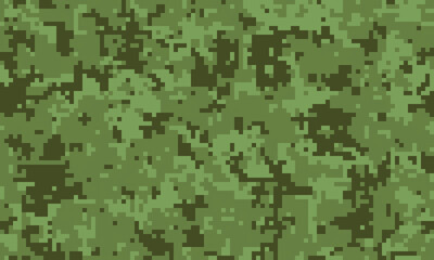 Digital camouflage pattern, pixelated green texture.  Perfect for military, gaming, or naturethemed designs.  Use as a background, overlay, or fabric print.  Concealment concept, abstract design.
