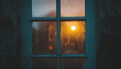 Cozy winter scene through frosted windowpane, warm interior glow amidst falling snowflakes outside