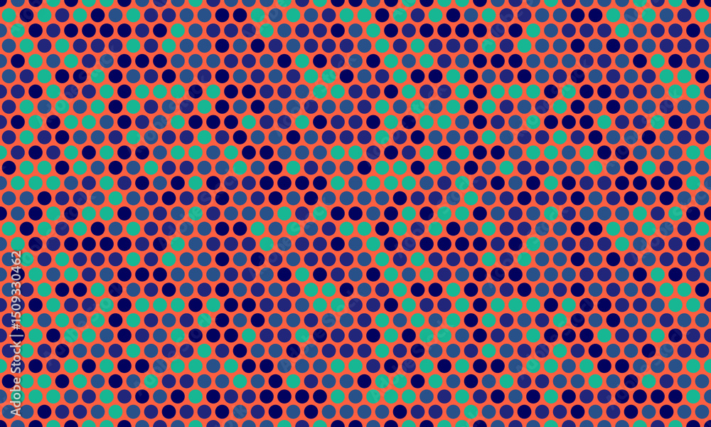 Poster abstract geometric pattern featuring a vibrant array of teal, purple, and coral circles in a dynamic