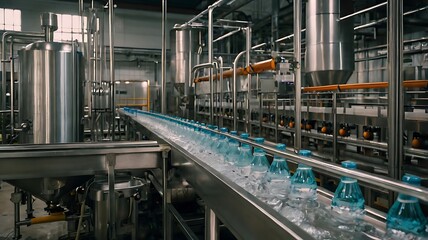 Fototapeta premium Automated bottling line with bottles moving along conveyor belt in a factory