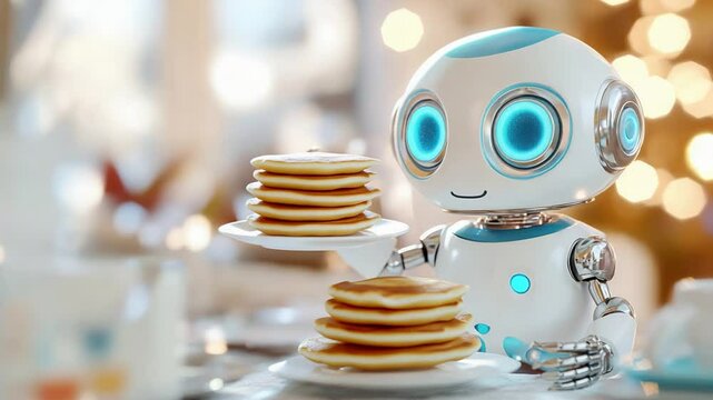 Cute robot cooking pancakes in futuristic kitchen with glowing details.