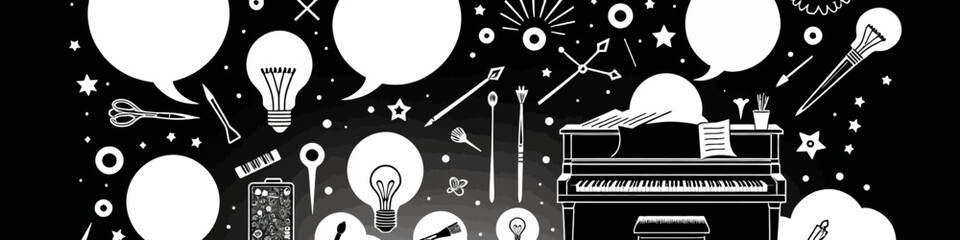 Creative Black and White Art Illustration - Featuring a Piano- Light Bulbs and Stars - Ideal for Artistic Wall Decor- Expressive Artwork and Inspiring Designs